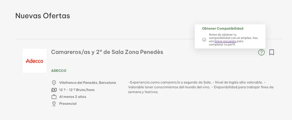 Oferta con botón de compatibilidad, el botón es verde con un icono de pregunta. Al poner el mouse sobre él, muestra un tooltip pidiendo que hagas primero una encuesta en la sección 'Descubre tu puesto' para obtener tu perfil