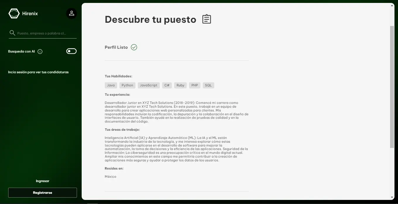 Página resultante después de contestar la encuesta con toda la información organizada por ChatGPT, se muestra: las habilidades del perfil, los intereses, la experiencia y el nivel educativo.