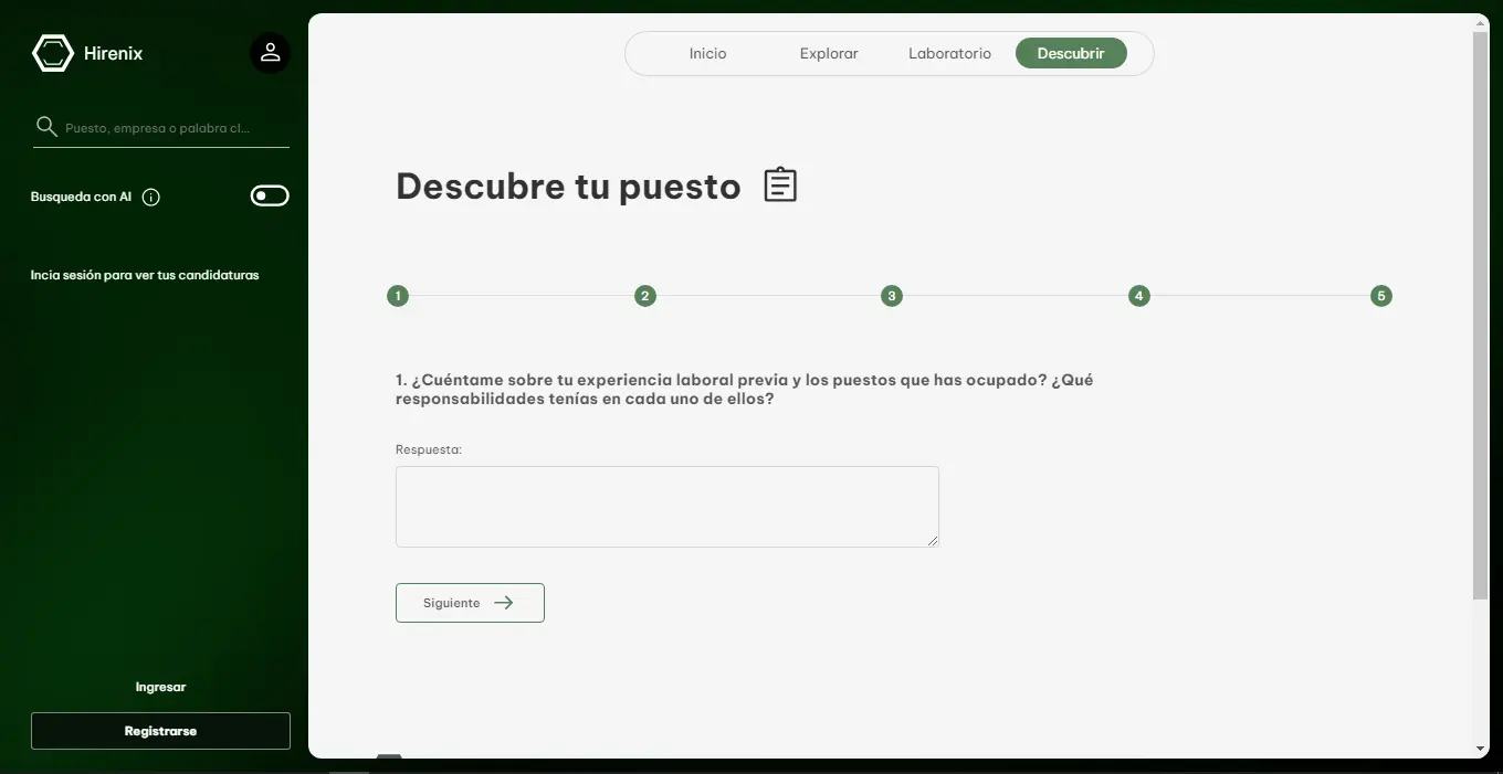 Interfaz de usuario de la sección Descubrir en hirenix, se puede navegar entre preguntas.