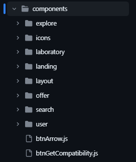 Componentes agrupados en las siguientes carpetas: explore, icons, laboratory, lading, layout, offer, search, user. Componentes indivuales sin grupo: btnArrow.js y btnGetCompatibility.js 