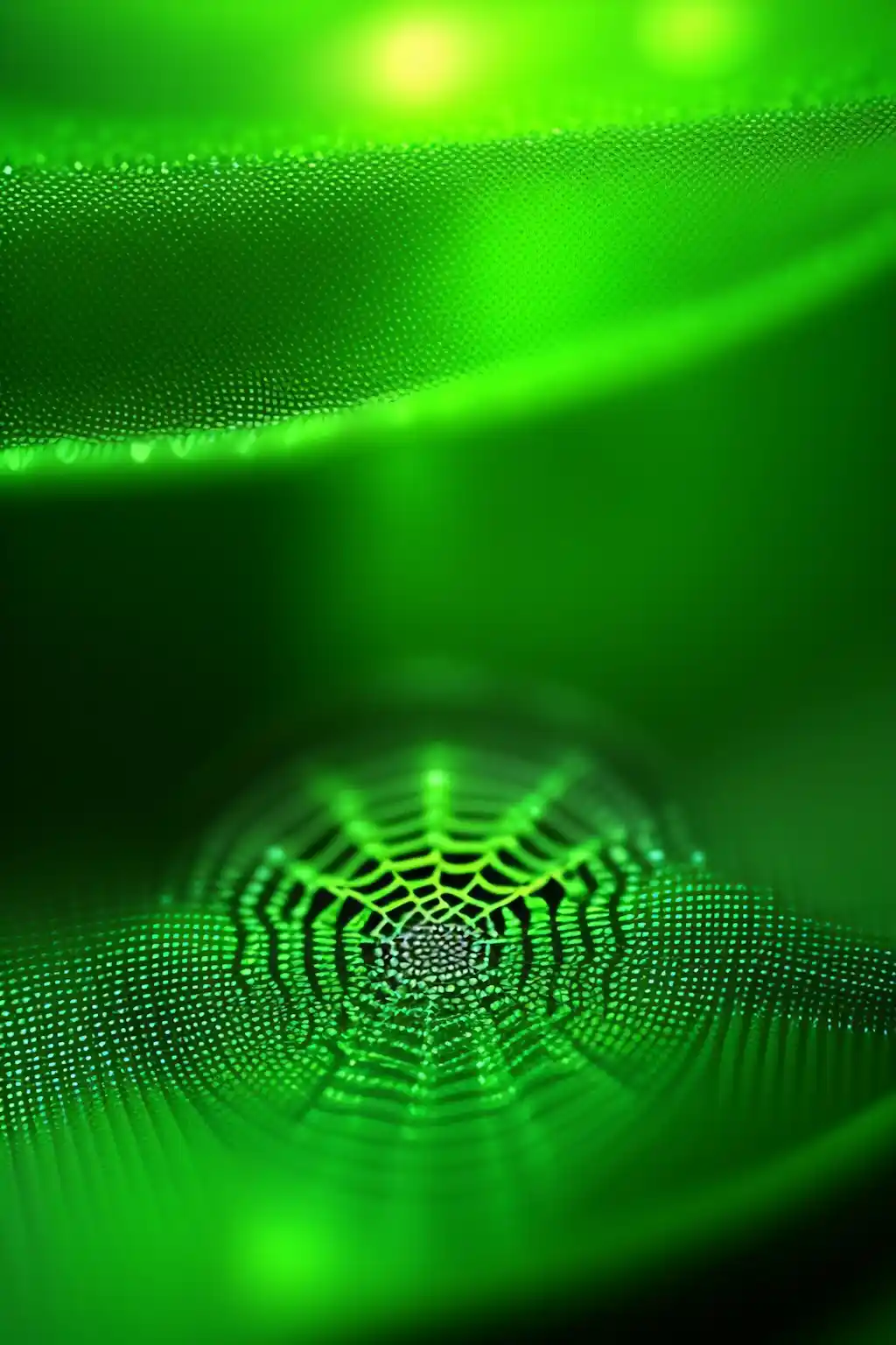 Imagen generada por Inteligencia artificial en lexica.art, con el prompt: 'Green matrix code that looks like a spider web'