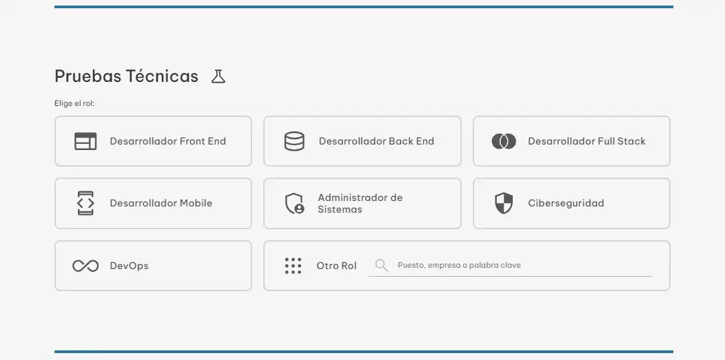 Sección con perfiles profesionales del área de tecnología para seleccionar y hacer una prueba técnica orientada a ese perfil