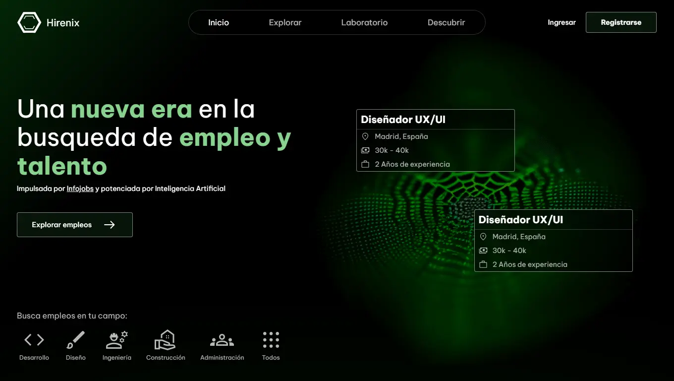 Captura de pantalla de Hirenix, en la sección principal hay un texto que dice: 'Una nueva era en la busqueda de  empleo y talento'