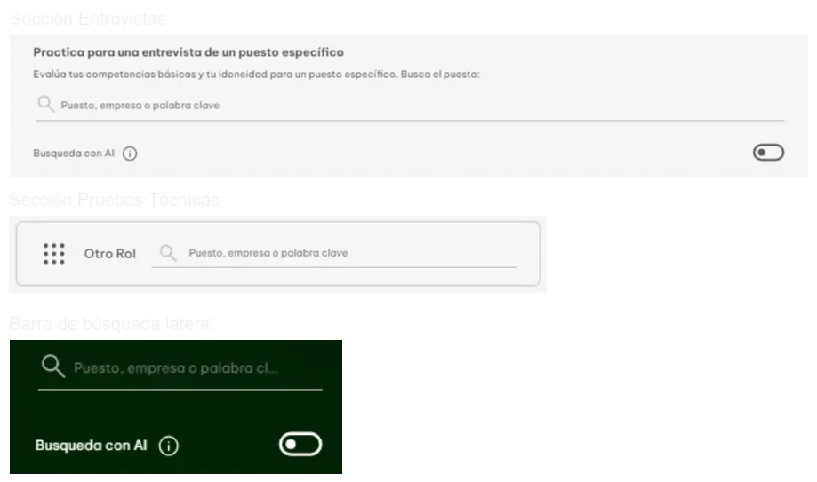 Comparación entre las diferentes áreas de busqueda, incluye el área de búsqueda de las entrevistas simuladas, el de las pruebas técncias, y el de la barra de búsqueda lateral